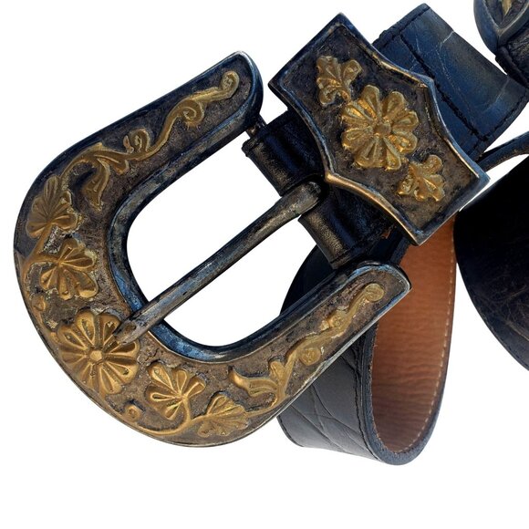 Vintage Western Belt S M Streets Ahead Leather Brass Buckle USA Unisex Chunky - Picture 4 of 14